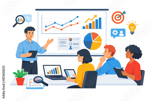 Business team collaborates during a presentation with charts and graphs