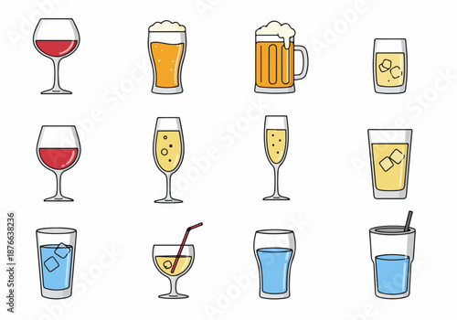 Assortment of colorful beverage glasses with alcoholic and non-alcoholic drinks: wine, beer, champagne, juice, and water icons.