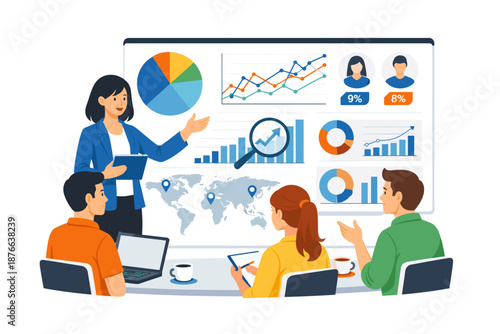 Business team analyzing charts and graphs on a large screen during a meeting