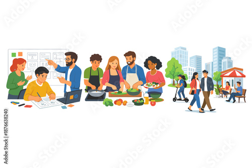 Diverse groups of people engage in various activities like planning, cooking, and urban leisure