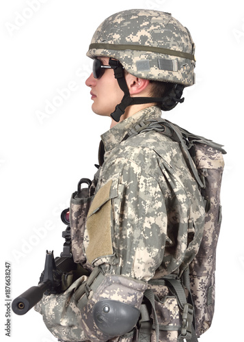 Side view of soldier in combat uniform