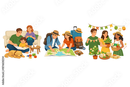 Diverse families and couples enjoy different activities, from home relaxation to travel planning and festive celebrations