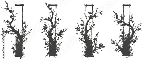 silhouettes of four tree branches with leaves growing from rectangular frames