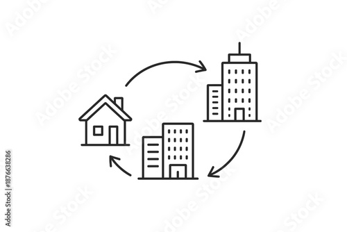 Iconic representation of a circular workflow between home and office buildings