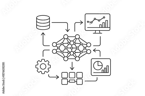 Abstract representation of a neural network processing data and generating insights