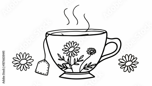 A steaming cup of tea with floral design surrounded by flowers