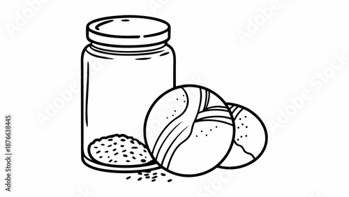 Illustration of a jar with spilled seeds and two seed pods beside it on a white background