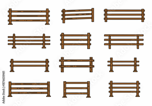 Rustic Wooden Fence Designs: A Collection of Cartoon Farm and Garden Barriers in Various Styles, Isolated on White Background