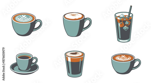 Coffee cups collection diverse beverages on black background