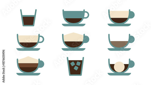 Coffee drink variety illustration on black background