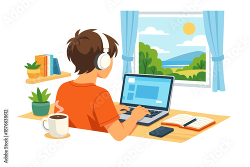 Young person wearing headphones works on a laptop at a desk with a scenic view