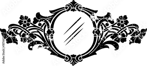 Vintage ornate frame with floral decoration and round mirror in black silhouette design