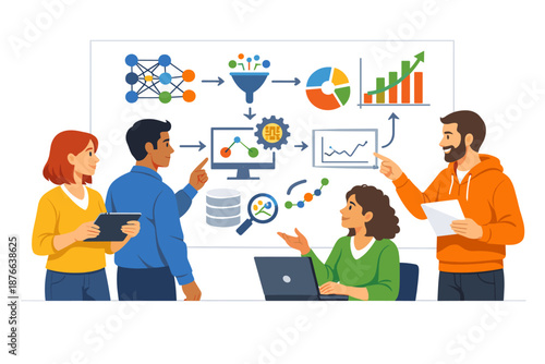 Diverse team collaborates on data analysis and business strategy presentation