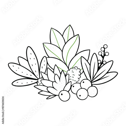 A charming blend of succulent greens, ripe berries, and fragrant herbs, creating a fresh, vibrant mix full of natural color, texture, and aromatic appeal.
