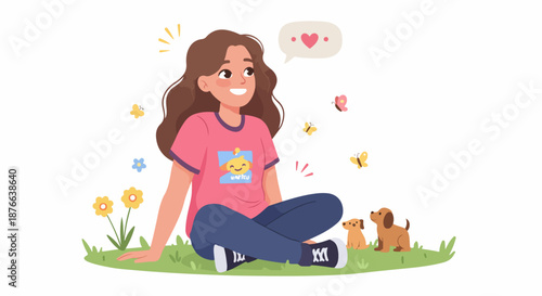 Smiling young woman relaxing on green grass with two cute puppies, surrounded by butterflies and flowers, expressing love and joy for her pets in a cheerful nature scene.