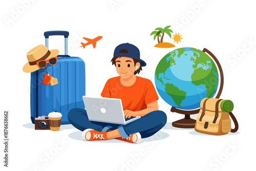 Young person planning travel with laptop and globe, surrounded by luggage and travel essentials