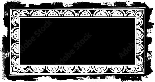 Vintage ornamental rectangular frame with grunge texture and floral decorative patterns on black background