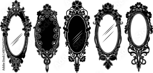 Set of five vintage ornate oval mirrors with decorative floral and scrollwork frames