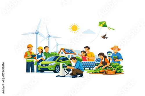 Diverse people embrace sustainable living with renewable energy and eco-friendly practices