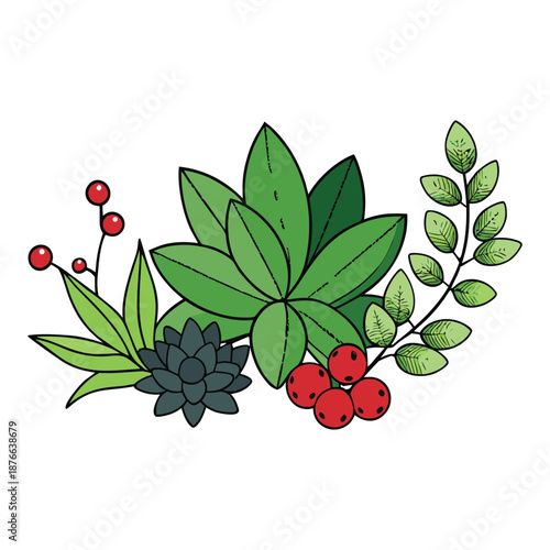 A charming blend of succulent greens, ripe berries, and fragrant herbs, creating a fresh, vibrant mix full of natural color, texture, and aromatic appeal.
