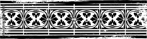Vintage black and white ornamental border with floral and geometric patterns in grunge