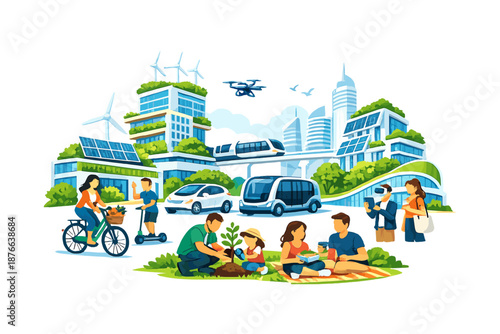 Sustainable city living with eco-friendly transportation and green buildings