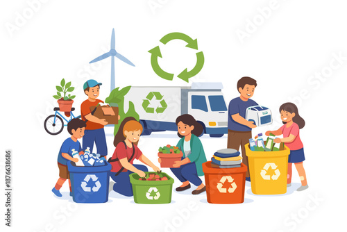 Family actively participates in recycling efforts with different bins and a collection truck