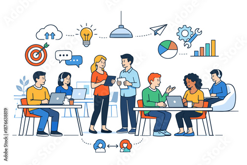 Diverse team collaborating on a project with digital tools and ideas