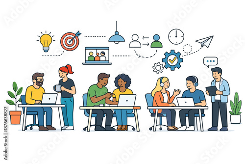 Diverse team collaborating on projects in a modern office environment