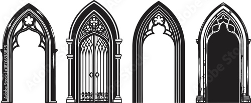 gothic arches and gates with intricate architectural designs in black and white