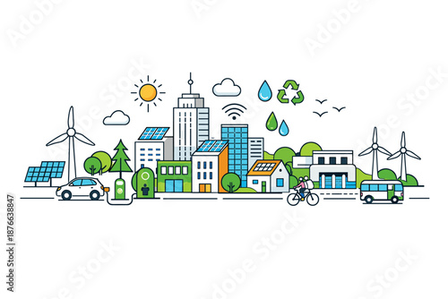 Modern eco-friendly city skyline with renewable energy and sustainable transport