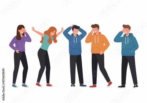 Happy diverse young adults in casual attire, posing and smiling together, symbolizing friendship, youth, and positive social connection.