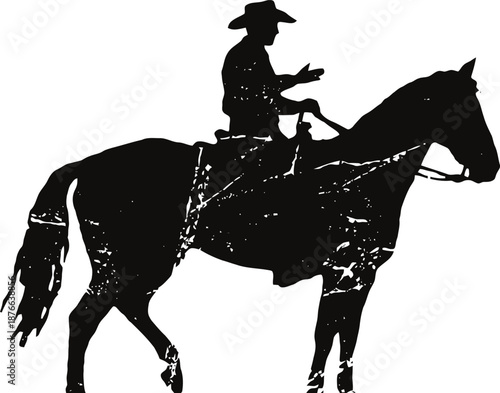 Cowboy silhouette riding horse with hat and western attire in vintage