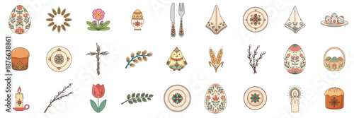 Easter Folk Style Icon Set with Traditional Symbols, Spring Holiday Elements and Hand Drawn Decorative Illustrations