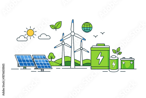 Renewable energy sources like solar and wind power with battery storage solutions