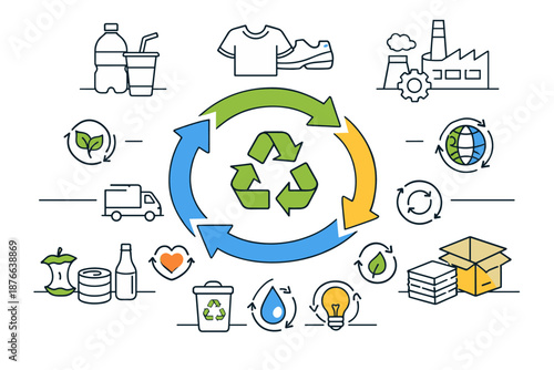 Circular economy concept with recycling symbol and various industry icons