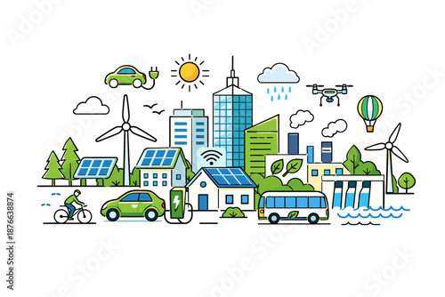 Sustainable city illustration with renewable energy and eco-friendly transportation