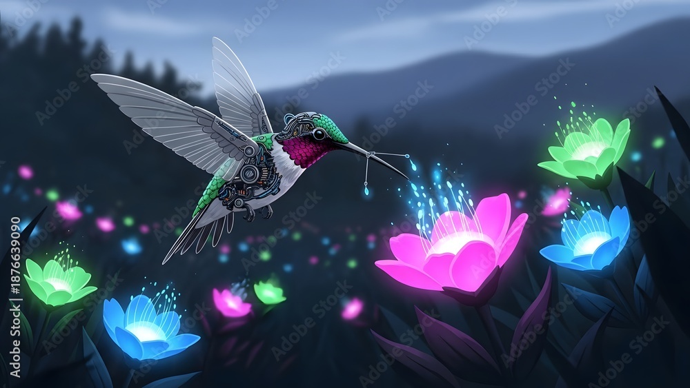 Fototapeta premium Hummingbird cyborg drinking glowing nectar from futuristic flowers in enchanted forest