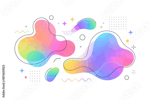 Abstract fluid shapes with vibrant rainbow gradient and minimalist geometric elements