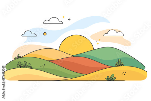 Stylized rolling hills under a bright sun and scattered clouds