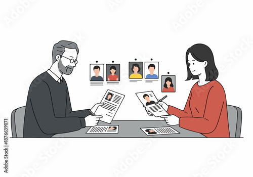 HR professionals reviewing job applications and selecting candidates from a diverse pool of applicants, illustrating recruitment and hiring process.