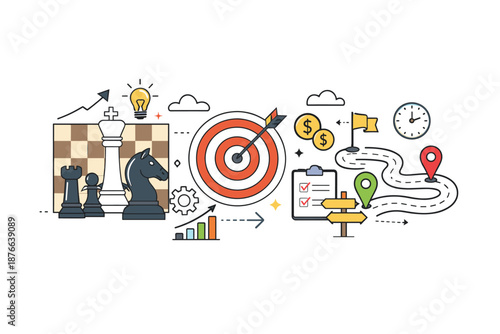 Strategic planning and goal achievement with chess, target, and roadmap elements