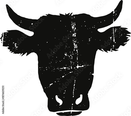 black silhouette of a bull head with detailed horns and textured surface