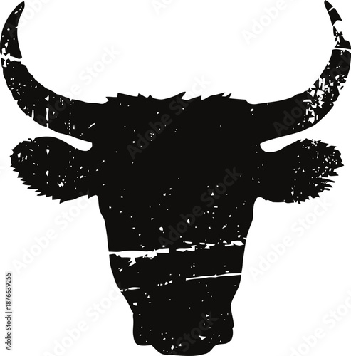 grunge silhouette of a bull head with horns, rustic vintage animal design