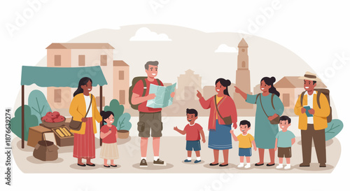 Diverse families and travelers exploring a charming old town, navigating with a map, enjoying local market culture and picturesque architecture on their happy vacation journey.