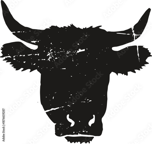 grunge bull head silhouette with prominent horns and textured vintage