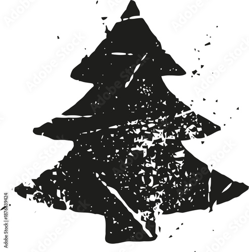 Abstract shattered christmas tree silhouette with fragmented black ink splatter design