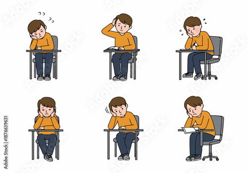 Young student struggling with studies, showing various emotions like confusion, boredom, frustration, and exhaustion while sitting at a desk.