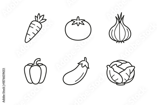 Simple line art icons of six common vegetables arranged in two rows