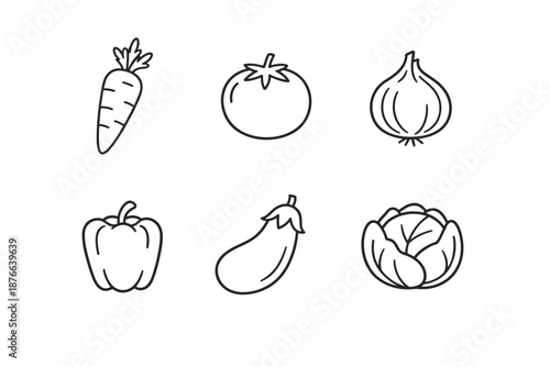 Simple line art icons of common vegetables arranged in two rows